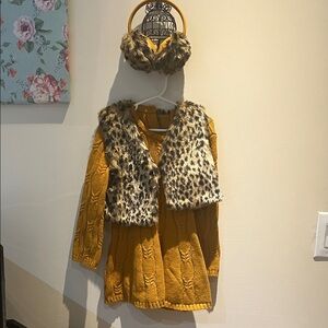 Christian Siriano Mustard Dress with Leopard Vest and matching earmuffs